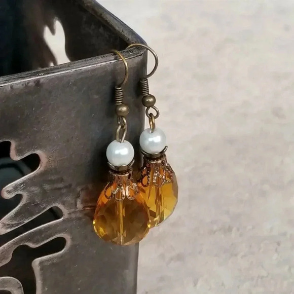 Handmade Steampunk Amber Faceted Glass Teardrop Antiqued Brass Dangle Earrings - Picture 6 of 6